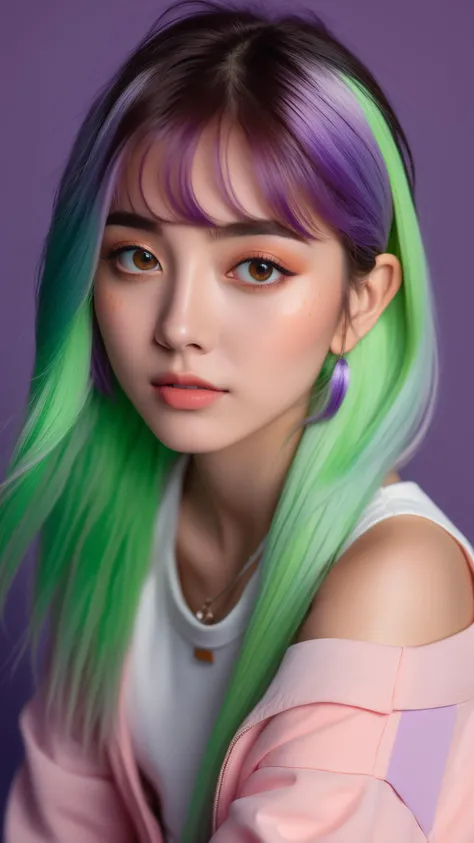 (masterpiece, best quality, ultra realistic, 32k, RAW photo, detail skin, 8k uhd, dslr, high quality, film grain:1.5), long hair, light green hair hair:1.1, portrait, lady, brown eyes, Peach Emo clothing, freckles, (electric purple gradient background, led light, edge light, simple background)