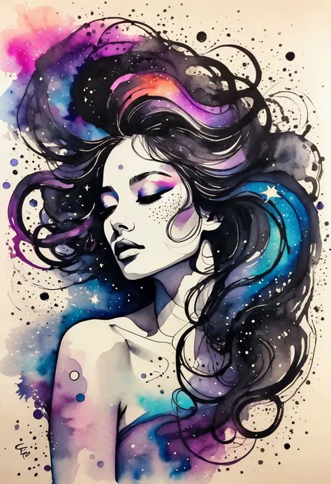 (Ink illustration on parchment). Cosmic entity, swirling galaxies as hair, vibrant nebulae for eyes, dark void for skin, reaching out with glowing tendrils. Cosmic dust swirling around, vibrant ink colors blending seamlessly. seductive. eroticism.
