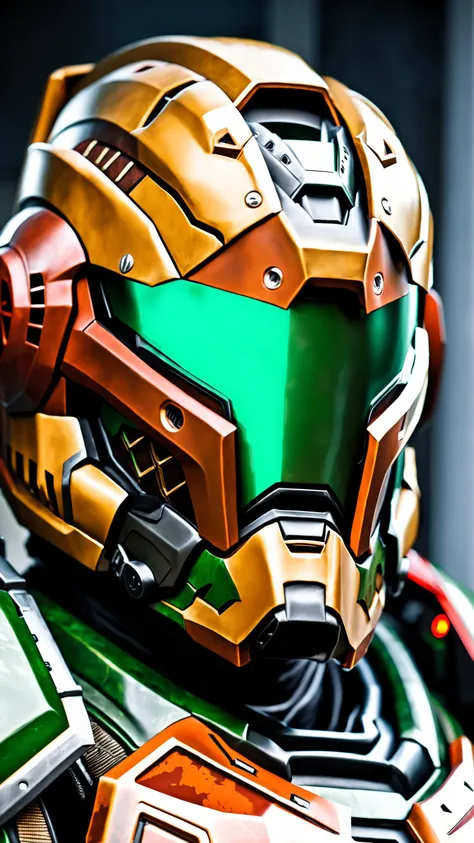 extreme close up on the helmet of the doom slayer, broken doom slayer helmet, photorealistic, doom slayer, doom eternal, raging face of the doom slayer, doom slayer armor