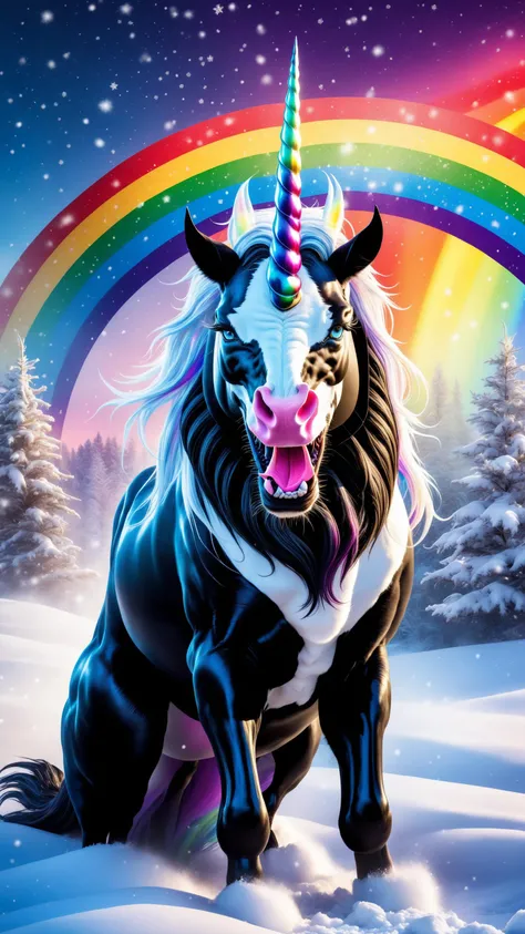 venom costume, glamour shot of a unicorn with rainbow in background, and rainbow sparkles coming from its behind, masterpiece, best quality, an angry cat, winter, night, heavy snowfall, snowstorm, realistic