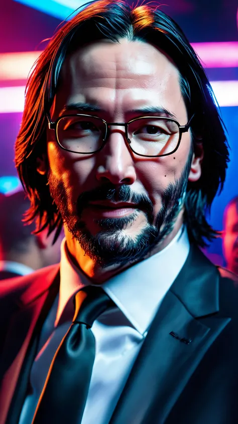 photo of keanu reeves as john wick in a nightclub, vibrant, beautiful, crisp, detailed, ultra detailed, intricate, serious face, serious pose, john wick with black glasses, ultra realistic, soft colors, smiling face