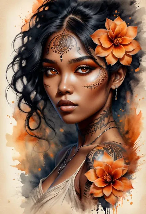 Ink and watercolor illustration on parchment. Portrait. In the midst of a dark fantasy realm, a mysterious african female, black hair, orange eyes. tattoos. Orange flowers. eye focus. sensual. Mystic powers. Tribal aesthetic. Bokeh blur. ral-dissolve. BadDream. photorealistic.