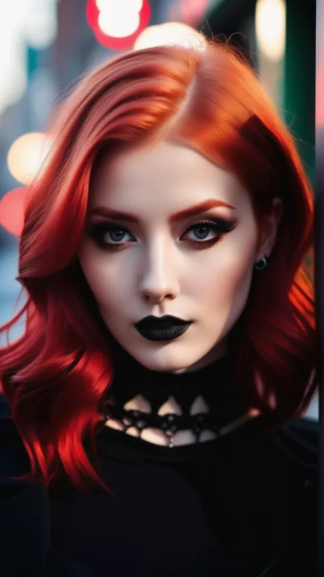 dark shot, city street, pastel goth, sexy goth girl, photo of cute 24 y.o redhead woman, cinematic shot, hard shadows, photorealistic, cute face, looking at viewer