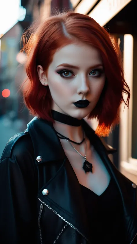 dark shot, city street, pastel goth, sexy goth girl, photo of cute 24 years old redhead woman, cinematic shot, hard shadows, photorealistic, cute face, looking at viewer