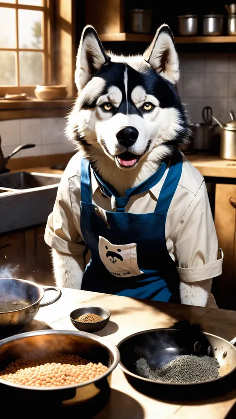 table, a rendition of a of a feral dirty husky wearing an apron and he has a confused expression in front of dirty dishes and cooking dog food with his clumsy paws while the, (food is charred and smoking:1.2), charred fur, detailed, high resolution, concept art, oil panting, digital art, cinematic, dramatic light, low saturation, lowkey, Low Contrast, War Photography