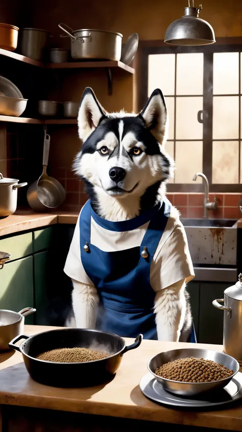 table, a rendition of a of a feral dirty husky wearing an apron and he has a confused expression in front of dirty dishes and cooking dog food with his clumsy paws while the, (food is charred and smoking:1.2), charred fur, detailed, high resolution, concept art, oil panting, digital art, cinematic, dramatic light, low saturation, lowkey, Low Contrast, War Photography