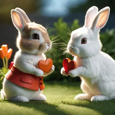 a little cute bunny giving a valentine card to another bunny, garden, carrots, hyper-realism, realistic, masterpiece, intricate details, best quality, cinematic lighting, natural shadow, highest detail, professional photography, detailed background, depth of field, insane details, intricate, aesthetic, photorealistic, (full body shot:1.1), Award - winning, with Kodak Portra 800, a Hasselblad 500, 55mm f/ 1.9 lens, extreme depth of field, available light, high contrast, Ultra HD, HDR, DTM, 8K