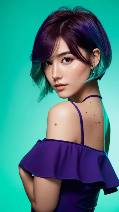 short hair, Electric blue hair:1.1, portrait, lady, brown eyes, deep purple Off-the-shoulder top/dress, freckles, (Mint green gradient background, led light, edge light, simple background)