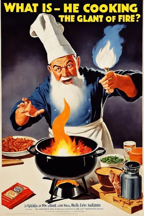 1950s poster subtitled ("WHAT IS HE COOKING"), a wizard with giant cauldron of fire