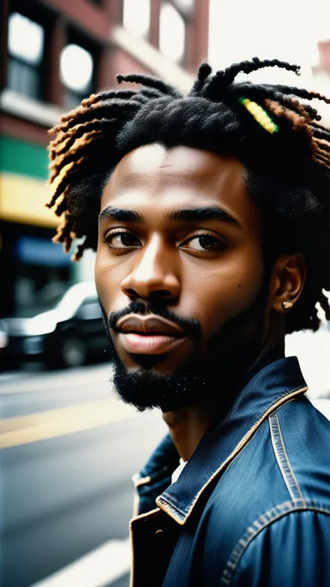 analog photo, closeup portrait photo of 24 y.o black man, natural skin, rasta hair, looks at viewer, city street, (cinematic shot, film grain:1.1), ultra detailed, slight beard