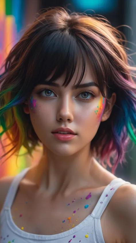 photorealistic, raw photo of a sexy girl, highres, shadows, absurdres, best quality, ultra detailed, 8k, extremely clear, photograph, sharp focus, hdr, ((Cthulhu)), elder god, Great Old Ones, universe, space, cinematic photo crazy insane, high energy, magic, hyper realistic, detailed and realistic portrait of a woman, round eyes and short messy hair shot outside, wearing a white t shirt, skin texture, chapped lips, soft natural lighting, portrait photography, 85mm lens, magical photography, dramatic lighting, photo realism, ultra-detailed, intimate portrait composition, Cinestill 800T, front light, (open mouth), smiling, athletic small waist, (((masterpiece))) ((best quality)), ((21st century)), (((8k photography)), ((hands on face)), (elegant, beauty), ((blushed)), ((beautiful light gray eyes)), ((pure delicate innocent face)) and (smooth detailed face), (((hyper realistic))), ((black hair))) (blunt bangs), (symmetrical legs), symmetrical perfect body, sharp focus, (volumetric lighting), intricate details, rainbow paint, a girl made entirely out of rainbow paint, entirely paint, 1girl, all rainbow paint, hdr, (intricate details, hyperdetailed:1.15), gorgeous lighting, rainbow, paint splatter, splashes, very rainbow, very colorful, neon, paint drops, rainbow paint background, colorful background, ((high detailed skin, 8k uhd, dslr, soft lighting, high quality, film grain, Fujifilm XT3, HD, Sharp)) (canon 50mm) intricate details photorealistic, 35mm photograph, film, bokeh, professional, 4k, highly detailed, A glitched-out (anime girl:1.3) dances across the screen, her movements and form constantly shifting and (deconstructing:1.2), embodying the dynamic essence of (breakcore:1.2), dynamic essence:1.1, breakcore:1.1