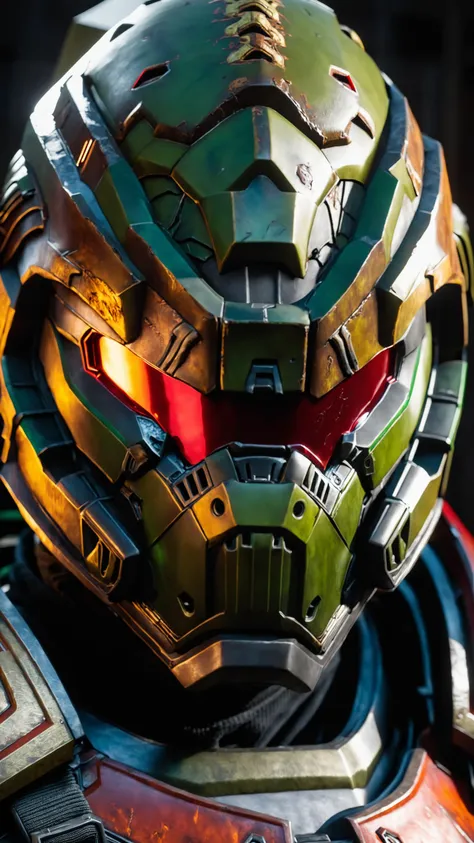 extreme close up on the helmet of the doom slayer, broken doom slayer helmet, photorealistic, doom slayer, doom eternal, raging face of the doom slayer
