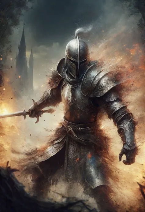 arafed knight in a ruined castle with a sword and a flag, dark souls inspired, fallen knight, for honor charector concept art, the dark souls knight, dark souls style, in style of dark souls 3, dark souls knight, dark souls art, battlefield backround, dark souls 3 themed, templar, dark souls iii, game key art