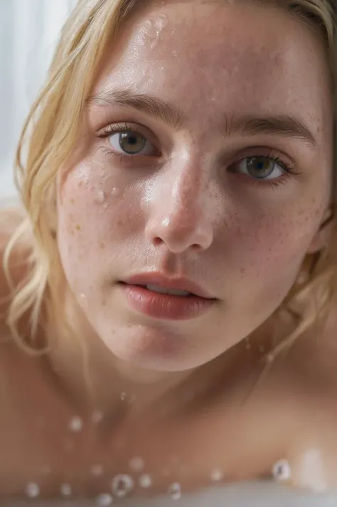 t quality, ultra-detailed, realistic, portrait, beautiful detailed eyes, beautiful detailed lips, blonde, gorgeous face, long eyelashes, fair skin, shimmering, stylish outfit, fashionable accessories, confident expression, artificial light, soft shadows, lush, vibrant colors, bathroom background, face turned, looking down, looking away, mouth closed,, bath, shower, white towel wrapped, mirror, steam, hair wet