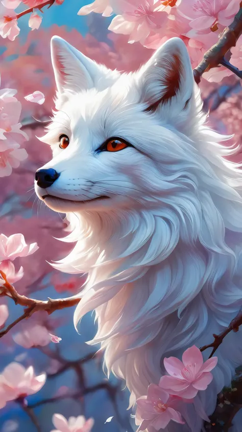 james jean, floating white fox figure made of sakura cherry blossom leaf, smoke, in the sky, colorful and vibrant, mystical colors, contemporary impressionism, yanjun cheng portrait painting, iridescent painting, 3/4 perspective view, cute face, low angle, sweeping circling composition, large beautiful crystal eyes, big irises, UHD, HDR, 8K, (Masterpiece:1. 5), (the most beautiful portrait in the world:1.5)