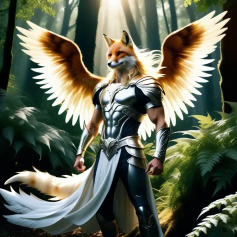 Male Archangel Michael with long flowing windswept blond hair,beautiful detailed face,and huge feathery wings,WITH A FKING FOX IN A FOREST! Wide shot,full body shot,dynamic lighting,nature,trees,vines,ivy,ferns,sunbeams. FOX FOX FOX FOX FKING FOX!!!!!!