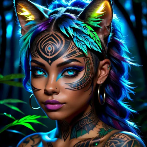 full body, (Hyperreal:1.2), beautiful, ultra realistic, dark forest background at night, detailed eyes, detailed face, realistic skin, natural skin, female, cat ears, (((dark brown skin color, dark skinned female))), (((whole body tattoos, Glowing tribal arcane tattoos:1.3))), blue eyes, multi-color hair, perfect illumination