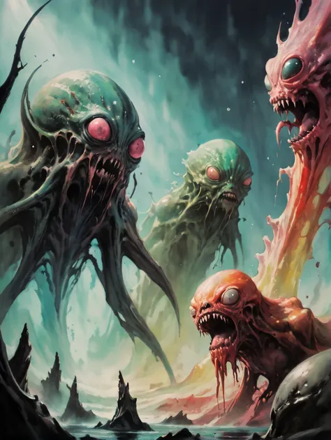 low angle, through a soft-focus lens of Several strange and bizarre alien creatures, discolored photo, old photo, Lovecraftian horror, <lora:Painted World:0.8> painted world, colorful splashes,, <lora:add-detail-xl:0.8>