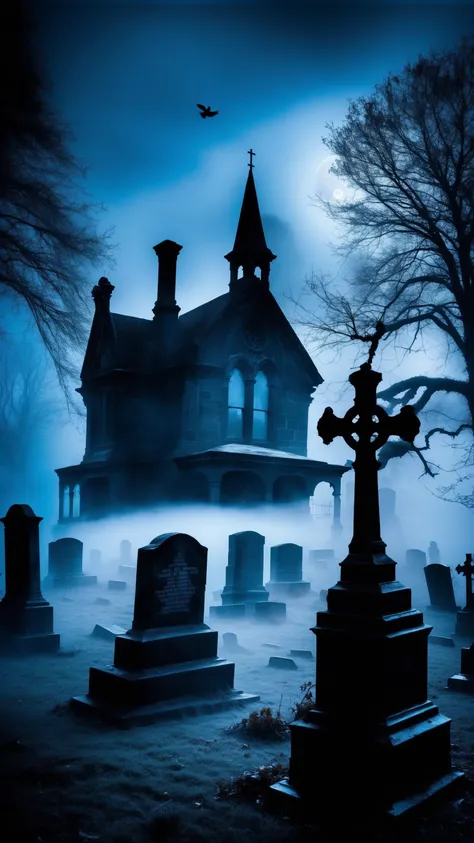 Authentic, moody portrayal of an ancient graveyard, mist rolling between tombstones. The air is thick with fog, and faint apparitions seem to wander aimlessly. An old, gnarled tree stands sentinel, its branches resembling skeletal hands, Eerie, unfiltered capture of an old Victorian mansion, its windows aglow with ghostly blue light. Cobwebs drape from every corner, and shadowy figures seem to loom behind the glass. A murder of crows takes flight, silhouetted against the full moon, adding to the spine-chilling atmosphere