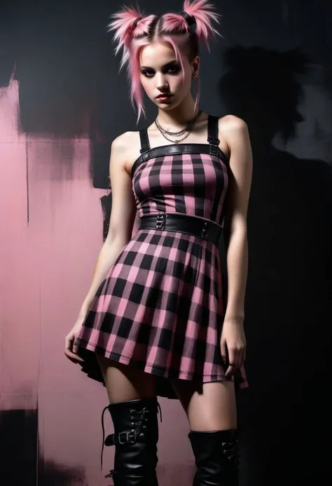 Close-up, black background, pink silhouette of a punk girl, grunge, checkered short dress, high boots, braid, polaroid effect, high detail,
inspiration, authors: Jim Mahfood, Henry Asensio, Greg Rutkowski, Craig Davison, Jenny Saville, Bernie Wrightson, Frank Frazetta,