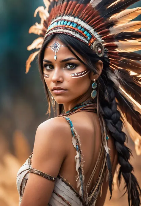 Exotic extremely beautiful native American princess, female, extra small revealing dress made with feathers, magic, alluring, petite, slim, sultry, full-length, female-body ,thighs gap, hazel-eyes, bright, OverallDetail. beautiful blurry background, perfect face and eyes, hyper-detailed hypermaximalist dynamic, in love with viewer,