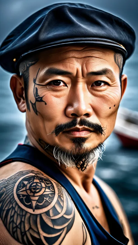 Hyper detailed photo of a captivating portrait of a wise and weathered middle aged sailor, photo of a sailor, ultra realistic photo, 44years old asian male, goatee, adorned with nautical tattoos and a rugged expression that tells tales of countless voyages, award winning realistic photograph by the world best portrait photographer, overcast day, vivid fantasy colors, nikon, award winning, breathtaking, groundbreaking, superb, outstanding, lens culture landscape awards, photoshopped, evenly lit features, 8k, hi res