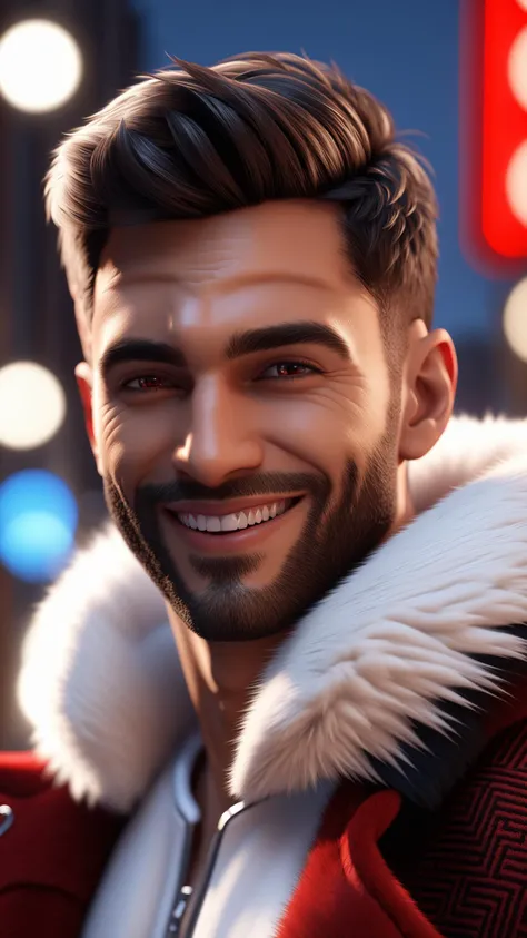 deuzear, male close up face, smiling, red glowing patterns, black eyes, (white furs and ears), (((3/4 view, three-quarter view, strong rim light, city blurry background, walking, relaxed, night, dark scene))), ESAO, unreal engine 5 quality render, a 3D render, ultra realistic furs, realistic lighs, ultra detailed