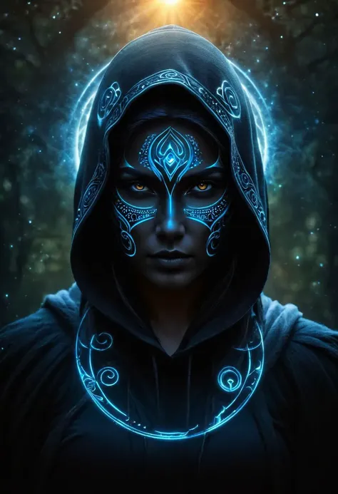 A ghostly female silhouette. Messenger of Nature God. Exiled shaman. integral mask.dark canvas toge. Canvas hood. Runic circle. Elements. Power from inside. Glowing eyes. Bokeh blur. ral-dissolve.BadDream photorealistic,