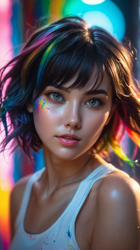 photorealistic, raw photo of a sexy girl, highres, shadows, absurdres, best quality, ultra detailed, 8k, extremely clear, photograph, sharp focus, hdr, ((Cthulhu)), elder god, Great Old Ones, universe, space, cinematic photo crazy insane, high energy, magic, hyper realistic, detailed and realistic portrait of a woman, round eyes and short messy hair shot outside, wearing a white t shirt, skin texture, chapped lips, soft natural lighting, portrait photography, 85mm lens, magical photography, dramatic lighting, photo realism, ultra-detailed, intimate portrait composition, Cinestill 800T, front light, (open mouth), smiling, athletic small waist, (((masterpiece))) ((best quality)), ((21st century)), (((8k photography)), ((hands on face)), (elegant, beauty), ((blushed)), ((beautiful light gray eyes)), ((pure delicate innocent face)) and (smooth detailed face), (((hyper realistic))), ((black hair))) (blunt bangs), (symmetrical legs), symmetrical perfect body, sharp focus, (volumetric lighting), intricate details, rainbow paint, a girl made entirely out of rainbow paint, entirely paint, 1girl, all rainbow paint, hdr, (intricate details, hyperdetailed:1.15), gorgeous lighting, rainbow, paint splatter, splashes, very rainbow, very colorful, neon, paint drops, rainbow paint background, colorful background, ((high detailed skin, 8k uhd, dslr, soft lighting, high quality, film grain, Fujifilm XT3, HD, Sharp)) (canon 50mm) intricate details photorealistic, 35mm photograph, film, bokeh, professional, 4k, highly detailed, A glitched-out (anime girl:1.3) dances across the screen, her movements and form constantly shifting and (deconstructing:1.2), embodying the dynamic essence of (breakcore:1.2), dynamic essence:1.1, breakcore:1.1