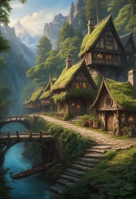 Elves homes from Lord of the rings book, cozy, warm, magical, alluring, hazel-eyes, bright, , OverallDetail, Magical beautiful background, fantasy, wild, hyper-detailed hypermaximalist dynamic, SkinHairDetail,style-hamunaptra