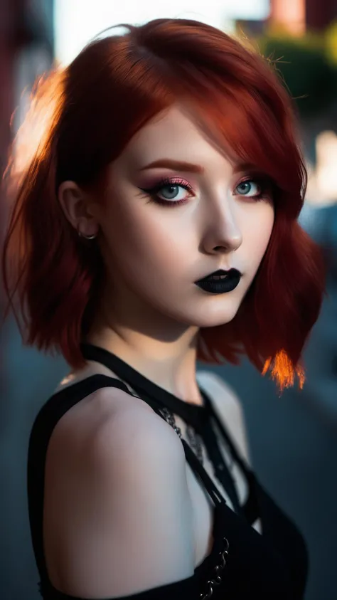 dark shot, city street, pastel goth, sexy goth girl, photo of cute 24 years old redhead woman, cinematic shot, hard shadows, photorealistic, cute face, looking at viewer