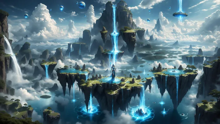 Epic photograph , fujifilm,HDR, Insane detail ,small centered composition, product shot, Fantastic Legendary background,wallpaper art, in the center is an Photograph of an elegant Magical floating islands ,giant goddess watching over earth,1girl, solo, blue eyes, outdoors, sky, cloud, water, armor, glowing, colored skin, cloudy sky, staff, glowing eyes, rock, mountain, blue skin fantasy, glowing, glowing eyes, fantasy landscape, floating islands, falling waterfalls,