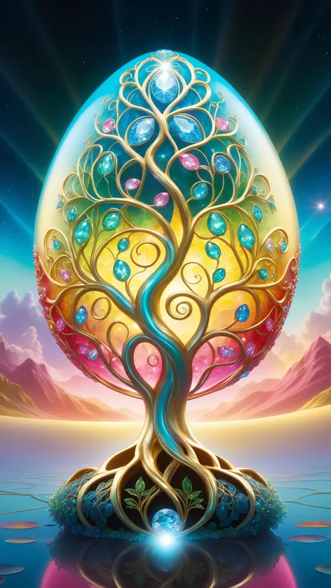 landscape, blue, yellow, red, white, pink, cyan, green, gleaming diamond tree with golden accents and roots growing from an egg with fractal vines, photography, radiating light, amidst brilliance, symmetrical hyperdetailed texture, pearl filigree, concept art, artstation, perfect composition, masterpiece, glittering professional photography, macro, natural lighting, canon lens, shot on dslr 64 megapixels sharp focus ethereal, happy, sky, flower, water, electronic, holography, chair