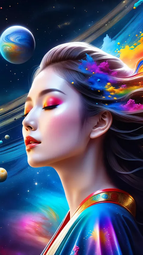 a beautiful girl , closed eyes, portrait , style-paintmagic , (((splash of paint))), (((colorful))), (((floating colorful paint))), goddess of death, Japanese mythology,(featuring mythical creatures), solar system, milky way, dream, fantasy, (abstract background:1.3), masterpiece, ultra realistic, 32k, extremely detailed CG unity 8k wallpaper, best quality, photorealistic