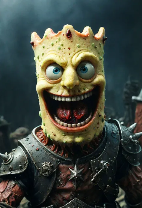 A photo of a (menacing demon ( Sponge Bob:1.3) lord:1.3), (curved horns:1.2), piercing luminous red eyes, (grinning skull-like face:1.0), muscular build, (pointing directly at viewer:1.2), surrounded by an army of (ghouls and Dragon mens figures:1.1), flickering candlelight, exterior battle camp setting, (ominous soldier with rifle:1.1), atmospheric dread, gothic horror theme, Sony A7R IV, 1/60s, f/2.8, ISO 1000, cinematic composition, HDR imaging, detailed textures, macabre mood, RAW photography, professional grade,photography in the style of Labirynth , close up of (awful) and (sweet) creature with sword stained with (blood), in a gigant ancient and ruined labirynth ,fantasy,hyper detailed, real skin imperfections, hard lighting, bokeh, ((curi:1.2))armor Dragonian