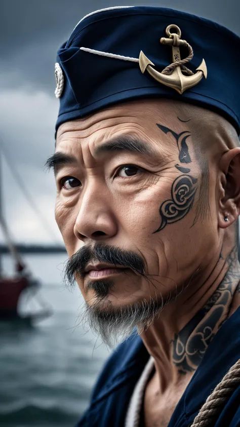Hyper detailed photo of a captivating portrait of a wise and weathered middle aged sailor, photo of a sailor, ultra realistic photo, 44years old asian male, goatee, adorned with nautical tattoos and a rugged expression that tells tales of countless voyages, award winning realistic photograph by the world best portrait photographer, overcast day, vivid fantasy colors, nikon, award winning, breathtaking, groundbreaking, superb, outstanding, lens culture landscape awards, photoshopped, evenly lit features, 8k, hi res