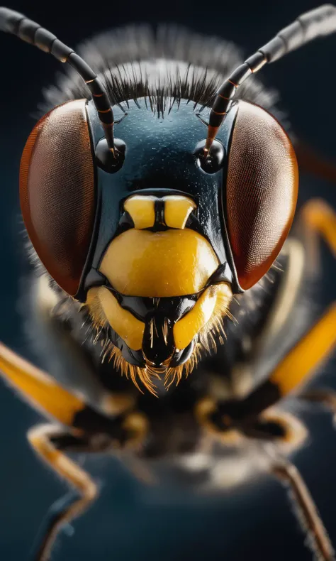 Dire Wasp, at Twilight, Kingcore, cinematic lighting, Depth of field 100mm, Calotype, macro shot, symmetrical
