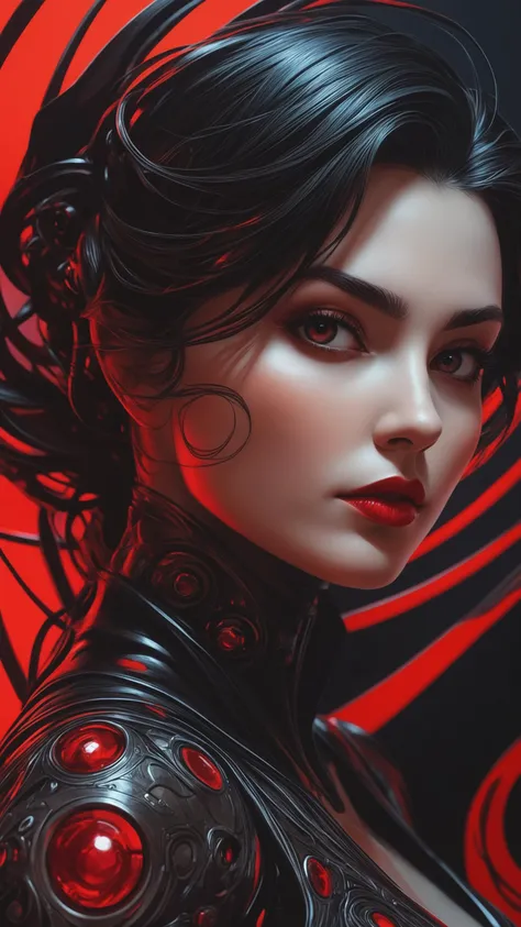 black and red Searching for love, album cover, dark, ultra hd, realistic, photography, raw photo of a Italian girl, vivid colors, highly detailed, UHD drawing, pen and ink, perfect composition, beautiful detailed intricate insanely detailed octane render trending on artstation, 8k artistic photography, photorealistic concept art, soft natural volumetric cinematic perfect light, otherworldly astral monster, scifi, Greg Tocchini, bold lines, hyper detailed, (intricate details, masterpiece, best quality:1.2), black and ivory hue looking at viewer, dynamic pose