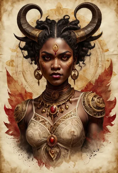 Ink and watercolor illustration on old yellowed parchment. Handmade rendering. Tarot card style. upper body ,Volcano, African-typed Female demon, muscular, black hair, dark flesh, deep red eyes, peaceful, mouth showing fangs, gold goat horns, demon wings, dark canvas shaman clothes with gold plating, tribal aesthetic; tattoos, eye focus