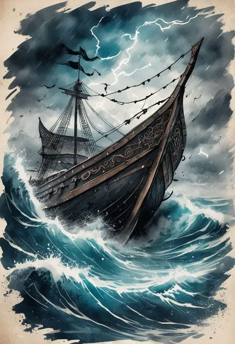 Ink illustration on parchment. A Viking longship at sea, crashing waves, stormy skies, lightning bolts, glowing runes, fierce warriors, dragon prow. blues, grays, whites
, ink splashes, rough ink sketch, moody.