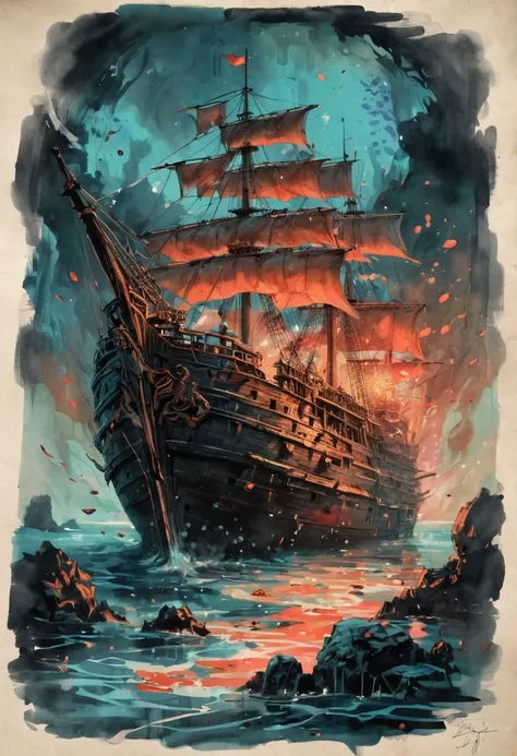 (Ink illustration on parchment). A sunken ship, engulfed in vibrant coral, its hull adorned with bioluminescent creatures. Rays of sunlight pierce through the depths, illuminating the scene with a mesmerizing glow. Ancient treasure chests lay scattered on the ocean floor, hinting at untold riches and lost stories.