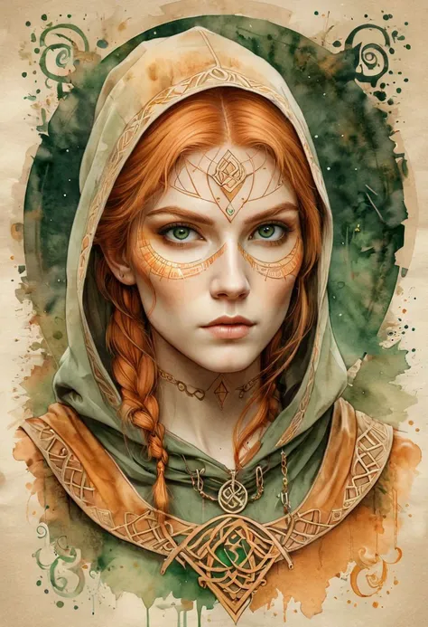 Ink and watercolor illustration on old yellowed parchment. Handmade rendering. Tarot card style. upper body ,Forest, European-typed Female pathfinder, Athletic, orange hair, pale flesh, deep green eyes, peaceful, canvas hood, leather armor with bronze plating, Celtic aesthetic; tattoos, eye focus