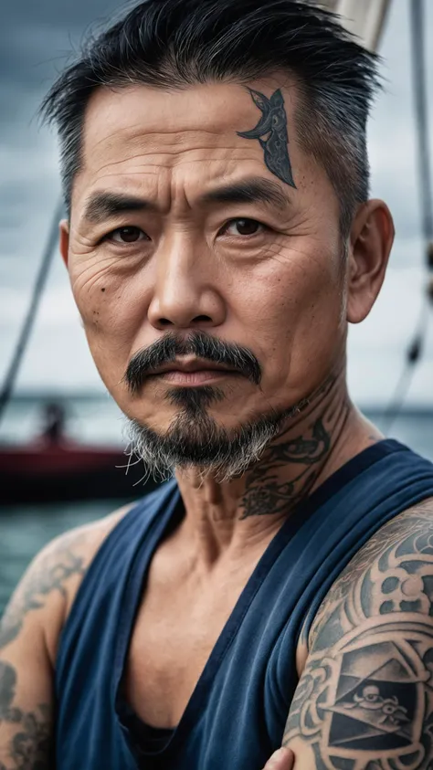 Hyper detailed photo of a captivating portrait of a wise and weathered middle aged sailor, photo of a sailor, ultra realistic photo, 44years old asian male, goatee, adorned with nautical tattoos and a rugged expression that tells tales of countless voyages, award winning realistic photograph by the world best portrait photographer, overcast day, vivid fantasy colors, nikon, award winning, breathtaking, groundbreaking, superb, outstanding, lens culture landscape awards, photoshopped, evenly lit features, 8k, hi res