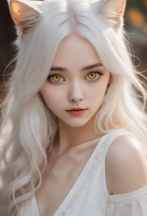 8k, cat , 1girl, yellow eyes, white hair, very long hair, white dress, beautiful delicate eyes, Warm colors, pleasant and friendly, facing forward