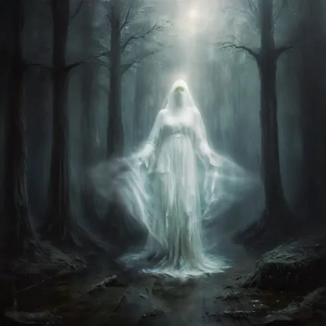 A painting of a tall and slender ghostly figure levitating over a quiet lake, raising arms,mouth open,dressed all in black with a long holed,ripped,flowing veil cape covering her face. The light from behind is shining through the mist behind and casting a shadow onto water, in the style of Greg Rutkowski.