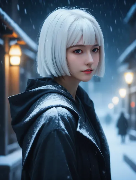 <lora:Blonde Sasaki sdxl-000002:1>,
white hair,him cut,short hair,
Dark Hooded girl In The Darkness Of A Snowstorm- Sharp Focus- Highly Detailed- Cinematic Dream Scene,golden ratio,fake detail,trending pixiv fanbox,acrylic palette knife,