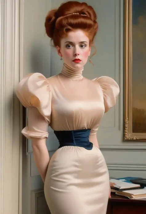 portrait of a tall and haughty Gibson Girl looking down her nose and curling her lip at the viewer, almost (unconscious), her tight fitted silk evening gown is skintight,(high necked,huge ruff collar), and very tightly corseted with very large puff sleeves. full make up, ((((gigantic breasts:1.9,round breasts, cleavage)))), red hair, (((high bouffant updo hair:1.9))), high cheekbones, perfect proportions, descending a grand staircase, Painting by John Singer Sargent,norman rockwell style,detailxl, detailed