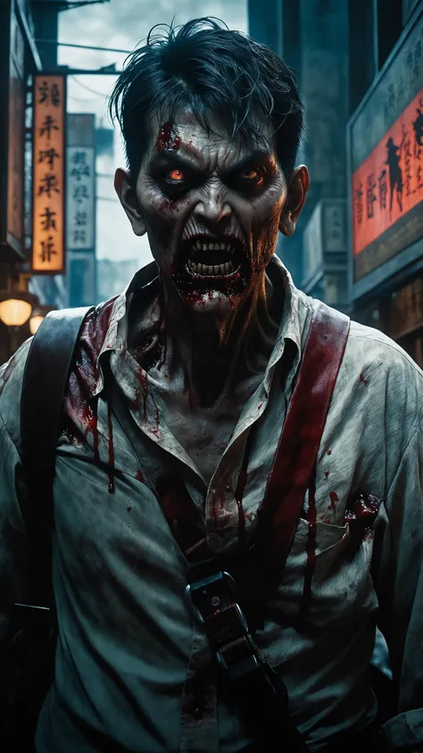 (masterpiece:1.1), (highest quality:1.1), (HDR:1.0), Horror-themed cinematic film still, a horrifying portrait full body Zombie, wandering through the city, ripped clothes, bloody, city square, by gaston bussiere, greg rutkowski, yoji shinkawa, yoshitaka amano, tsutomu nihei, donato giancola, tim hildebrandt, trending on artstation, featured on pixiv, cinematic composition, extreme detail, metahuman creator (detailed monstrous evil face:1.4), screaming, highly detailed, high budget, bokeh, cinemascope, moody, epic, gorgeous, film grain, eerie, unsettling, dark, spooky, suspenseful, grim, highly detailed detailed, realistic, 8k uhd, high quality extremely detailed, high budget Hollywood , cinemascope, (film grain:0.3), detailed, realistic, 8k uhd, high quality,8K, high quality, 8K, HDR, photorealistic, extremely realistic photo