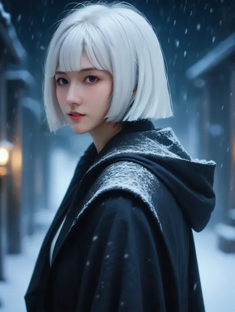 <lora:Blonde Sasaki sdxl-000002:1>,
white hair,him cut,short hair,
Dark Hooded girl In The Darkness Of A Snowstorm- Sharp Focus- Highly Detailed- Cinematic Dream Scene,golden ratio,fake detail,trending pixiv fanbox,acrylic palette knife,