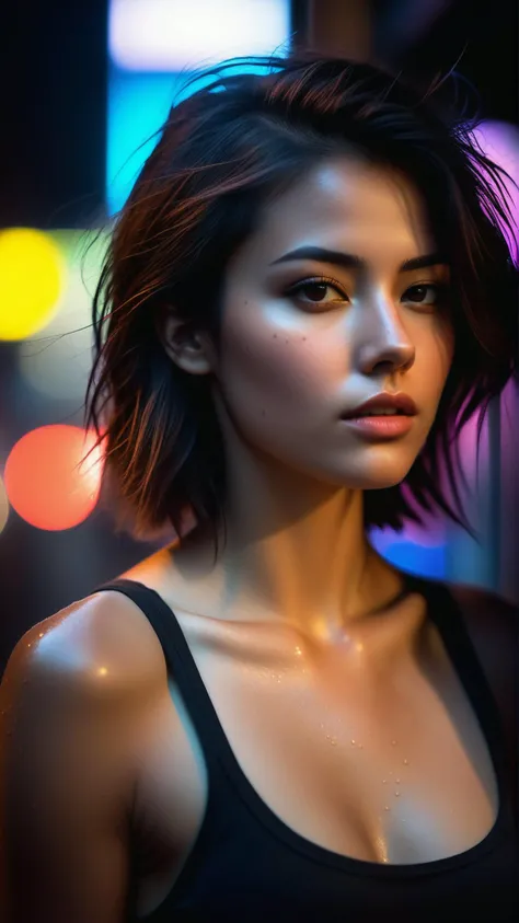 city street, neon, fog, volumetric, closeup portrait photo of young woman in dark clothes, (messy hair:0.3), (naked breast), (shot from distance), (dirty body:1.6), Indifferent, (body sweat), (wet body), tank top, depth of field, ( gorgeous:1.2), detailed face, dark theme, Night, soothing tones, muted colors, high contrast, (natural skin texture, hyperrealism, soft light, sharp), (freckles:0.3), (acne:0.3), Cannon EOS 5D Mark III